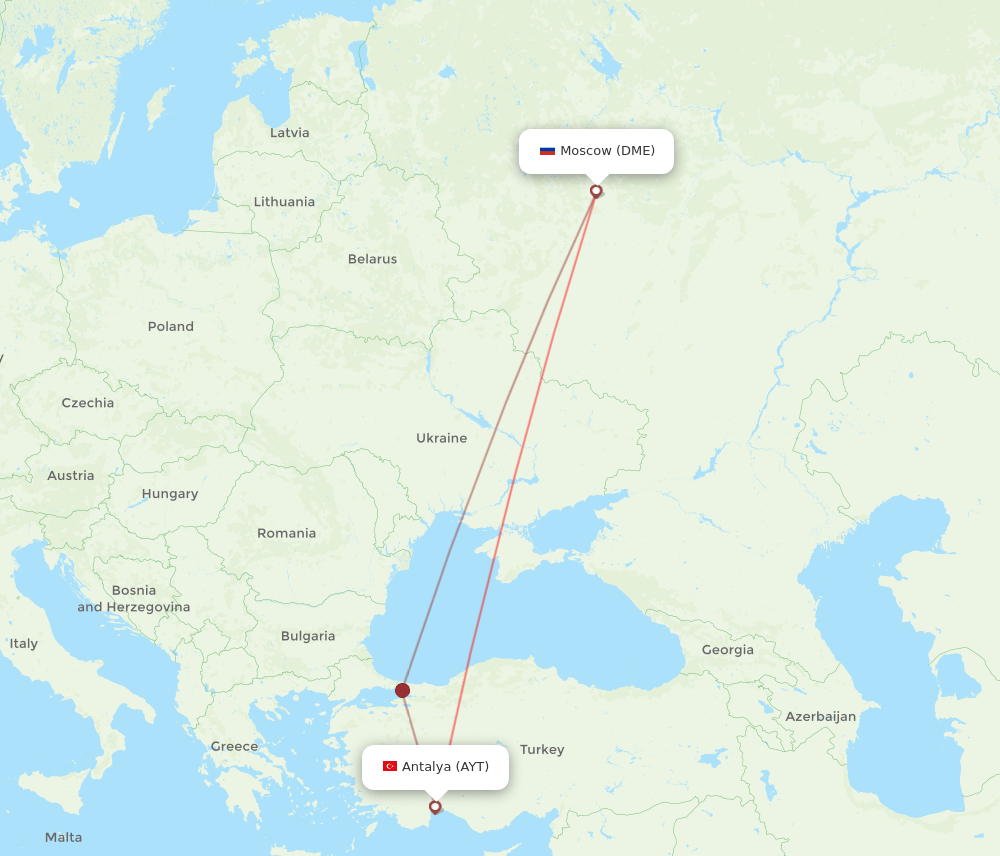 Moscow - Antalya route map and flight paths