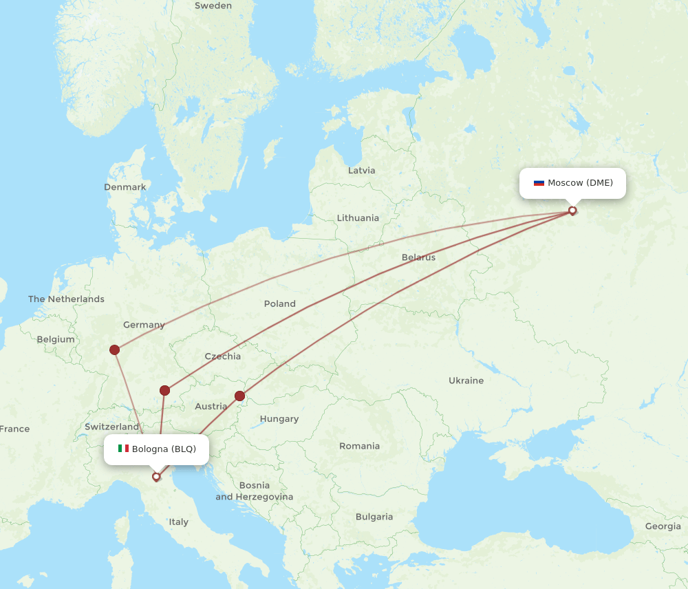 Moscow - Bologna route map and flight paths