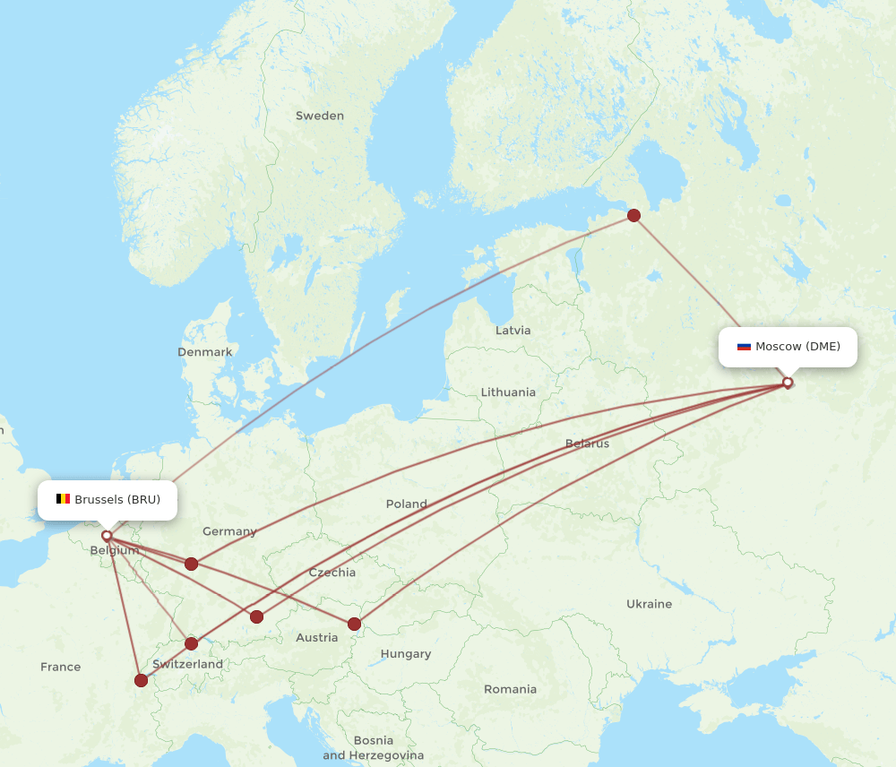 Moscow - Brussels route map and flight paths