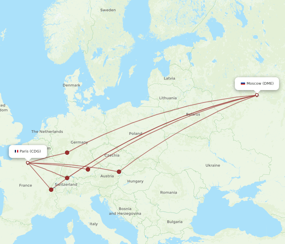 Moscow - Paris route map and flight paths