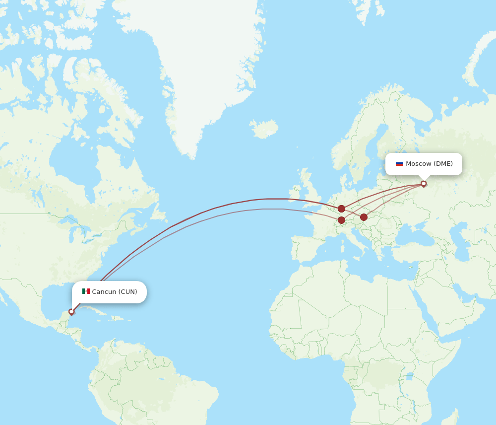 Moscow - Cancun route map and flight paths