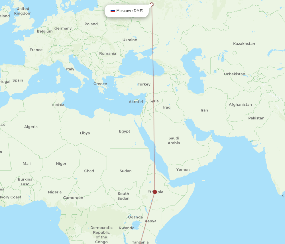 Harare - Moscow route map and flight paths