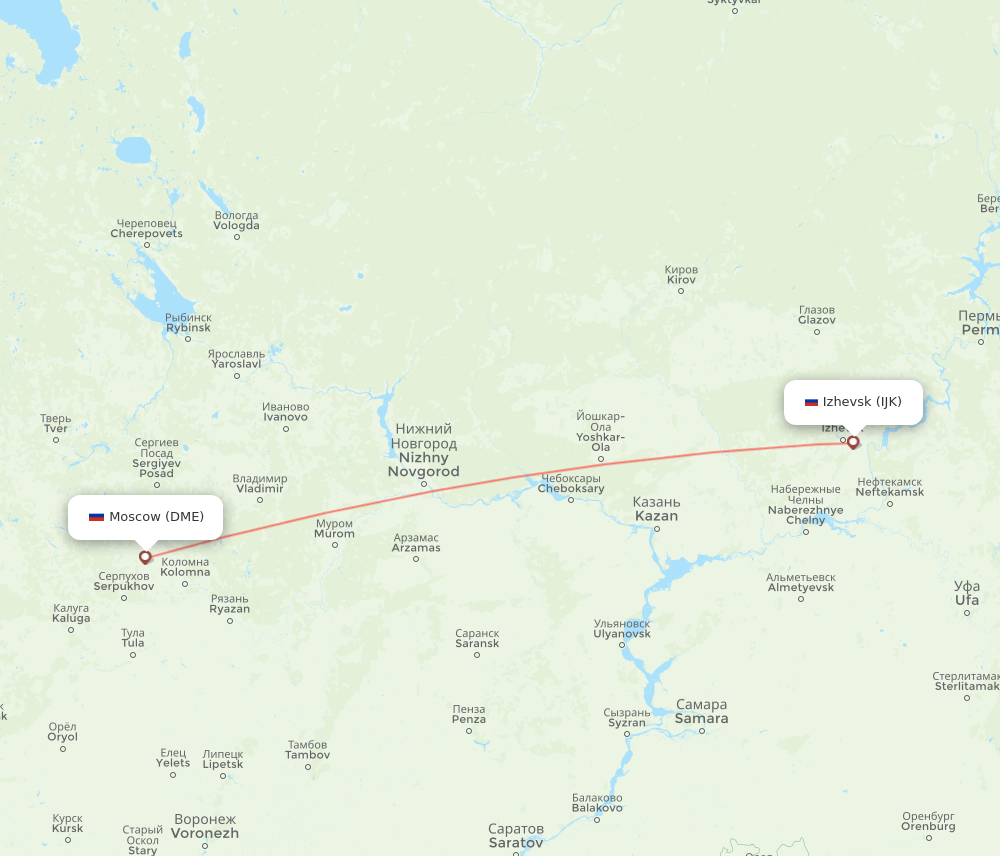 Moscow - Izhevsk route map and flight paths