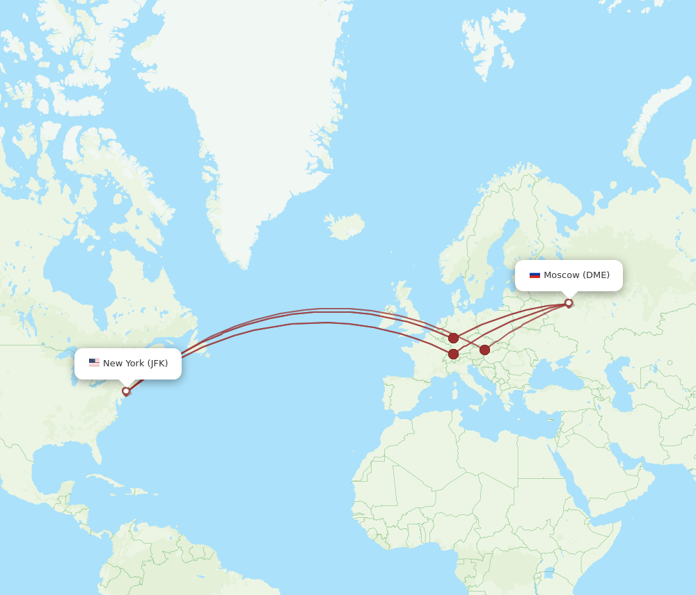 Moscow - New York route map and flight paths