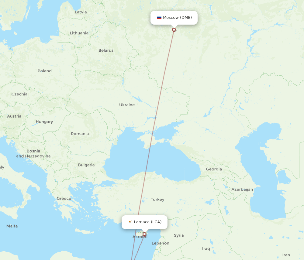 Larnaca - Moscow route map and flight paths