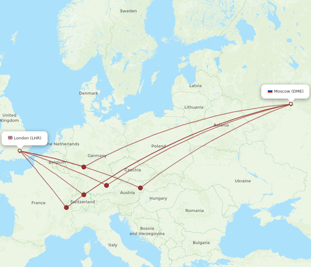 Moscow - London route map and flight paths
