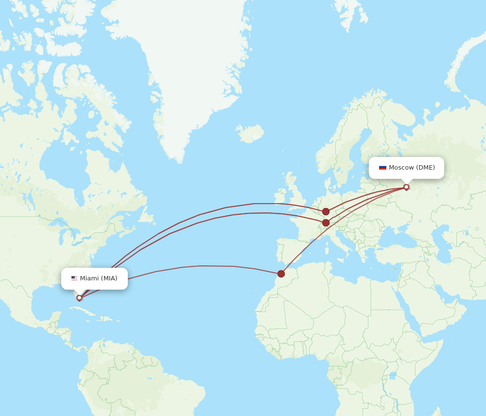 Moscow - Miami route map and flight paths