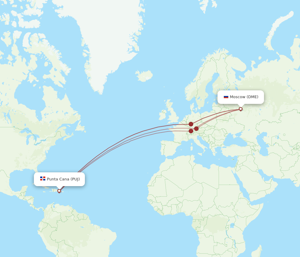 Moscow - Punta Cana route map and flight paths