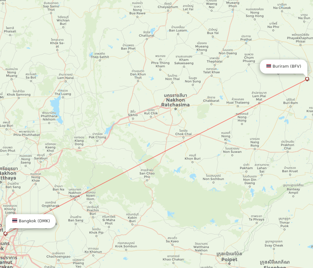 Bangkok - Buri Ram route map and flight paths