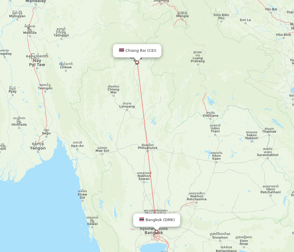 Bangkok - Chiang Rai route map and flight paths