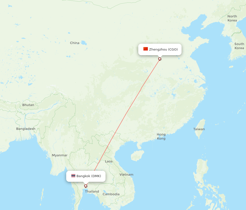 Bangkok - Zhengzhou route map and flight paths