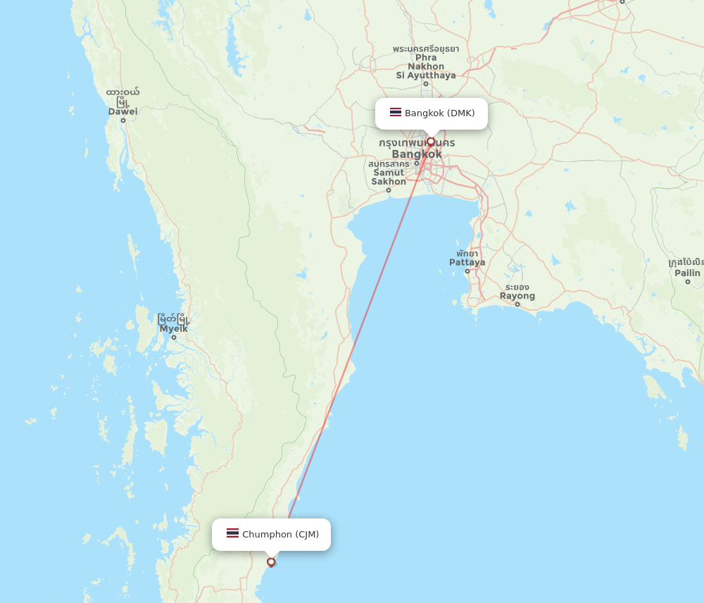 Bangkok - Chumphon route map and flight paths