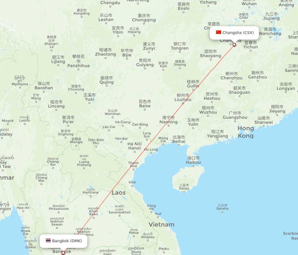 Bangkok - Changsha route map and flight paths