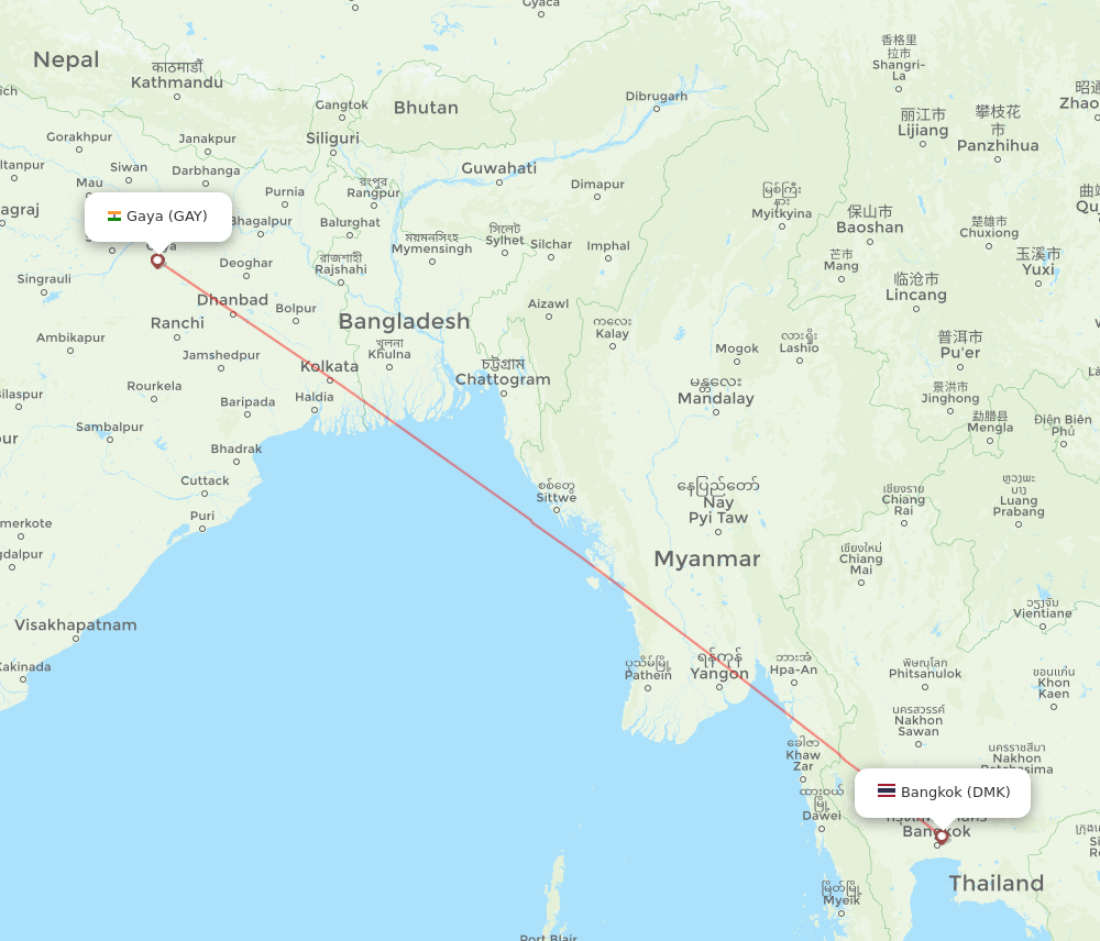 Bangkok - Gaya route map and flight paths