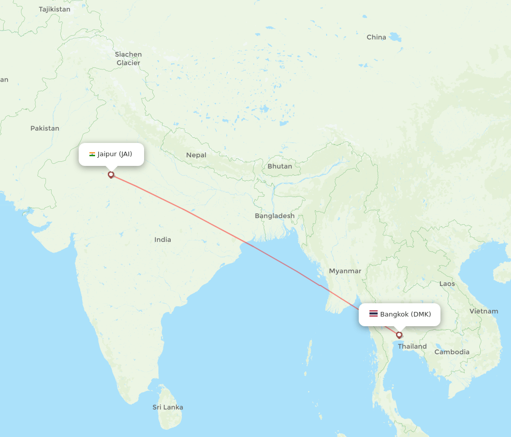 Bangkok - Jaipur route map and flight paths