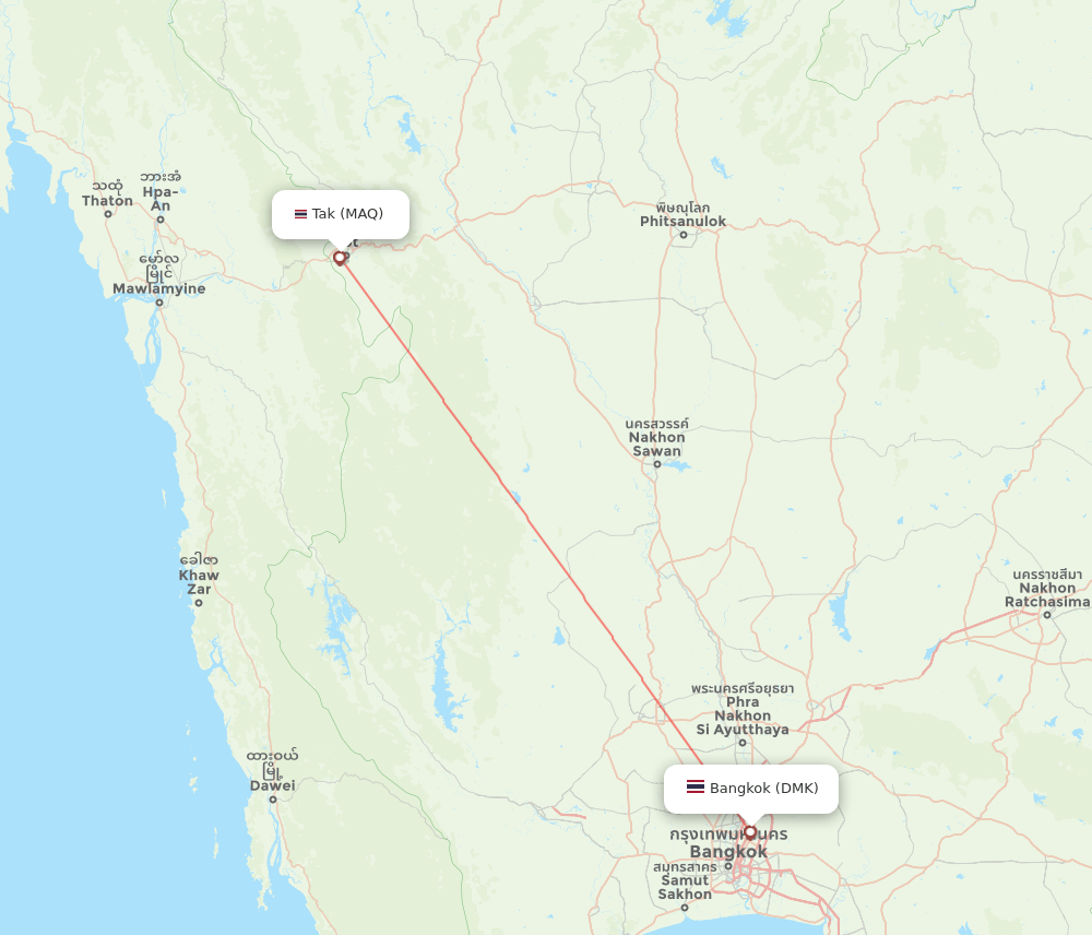 Bangkok - Mae Sot route map and flight paths