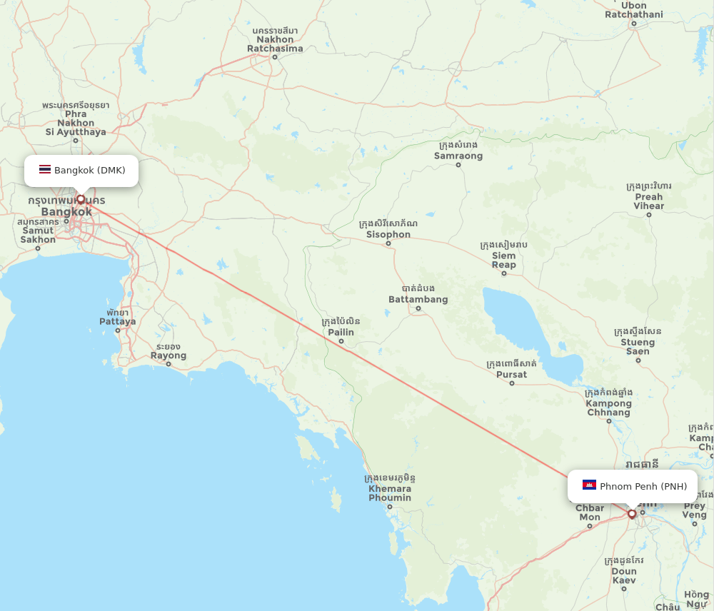 Bangkok - Phnom Penh route map and flight paths