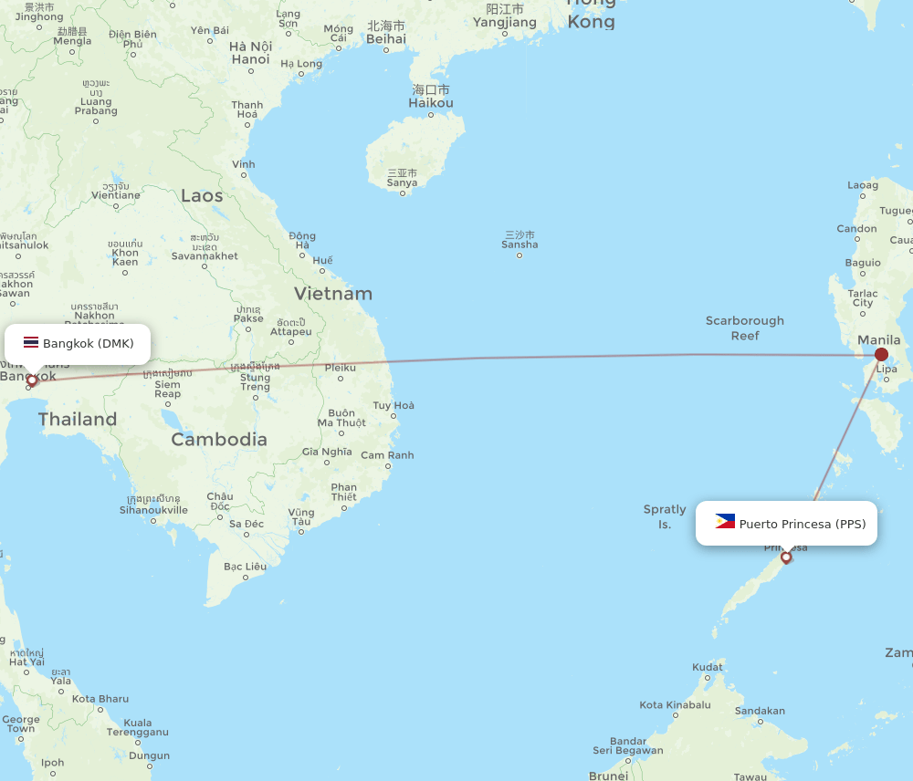 Puerto Princesa - Bangkok route map and flight paths