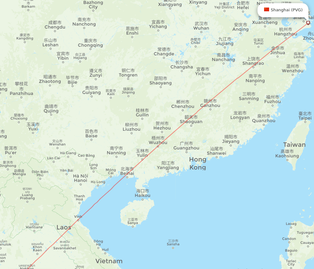 Bangkok - Shanghai route map and flight paths