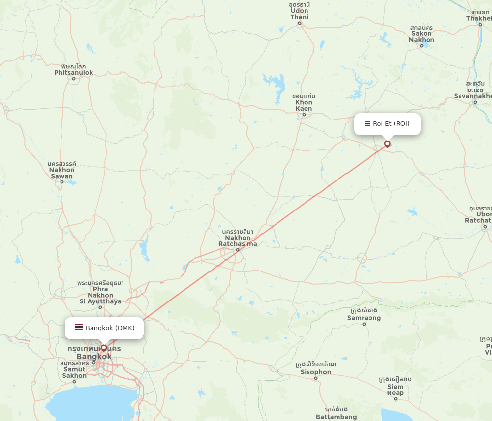 Bangkok - Roi Et route map and flight paths