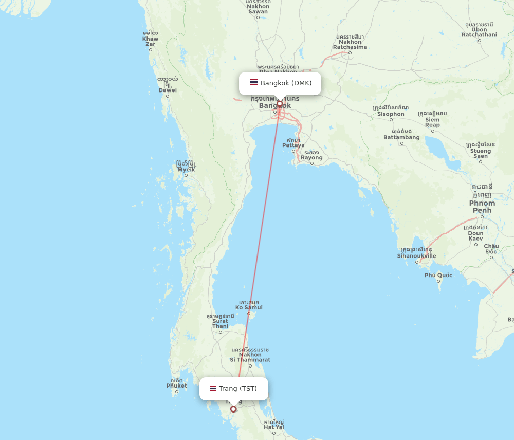 Bangkok - Trang route map and flight paths