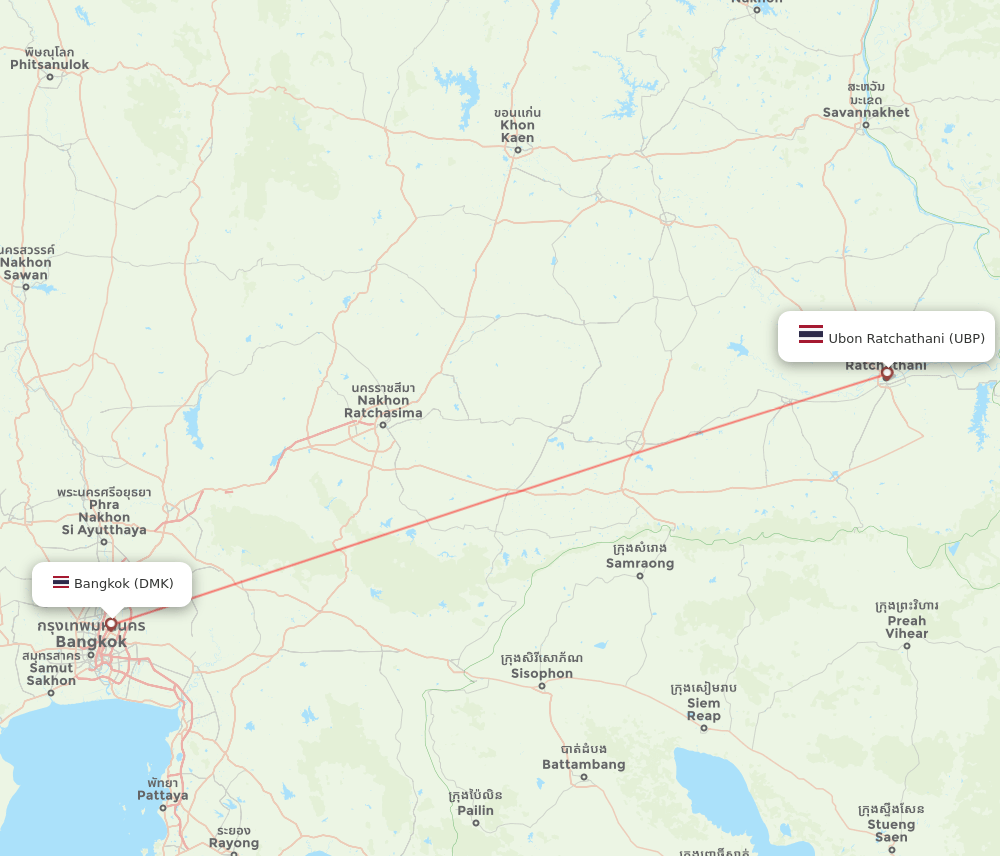 Bangkok - Ubon Ratchathani route map and flight paths