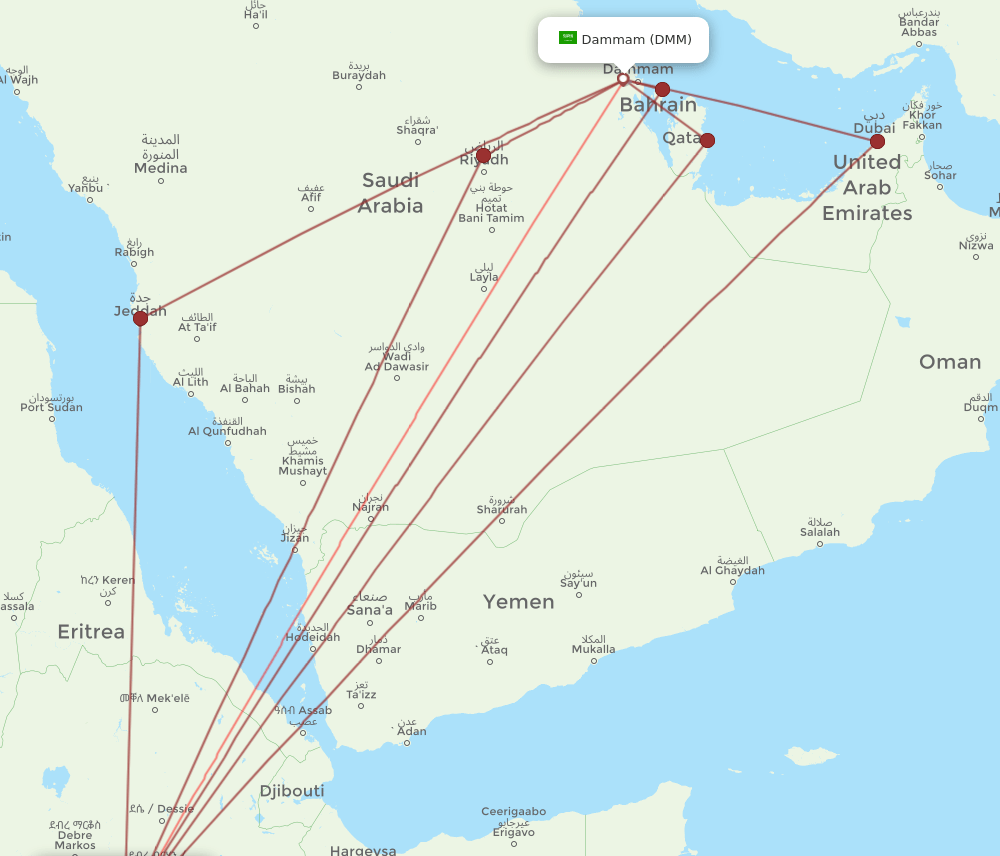 DMM to ADD flights and routes map