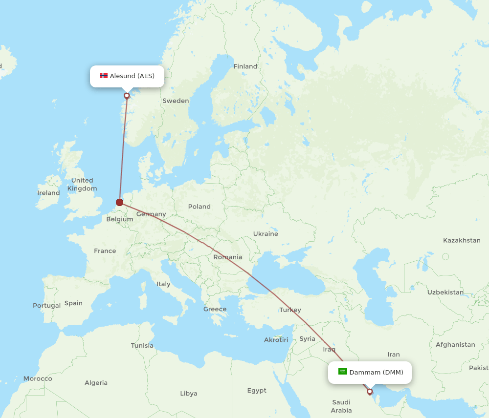 Aalesund - Dammam route map and flight paths