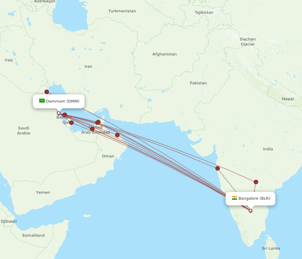 DMM to BLR flights and routes map