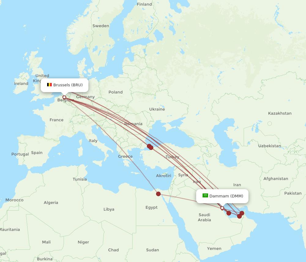 DMM-BRU flight routes