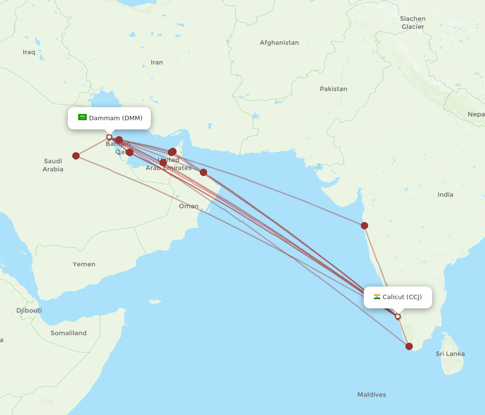 DMM to CCJ flights and routes map