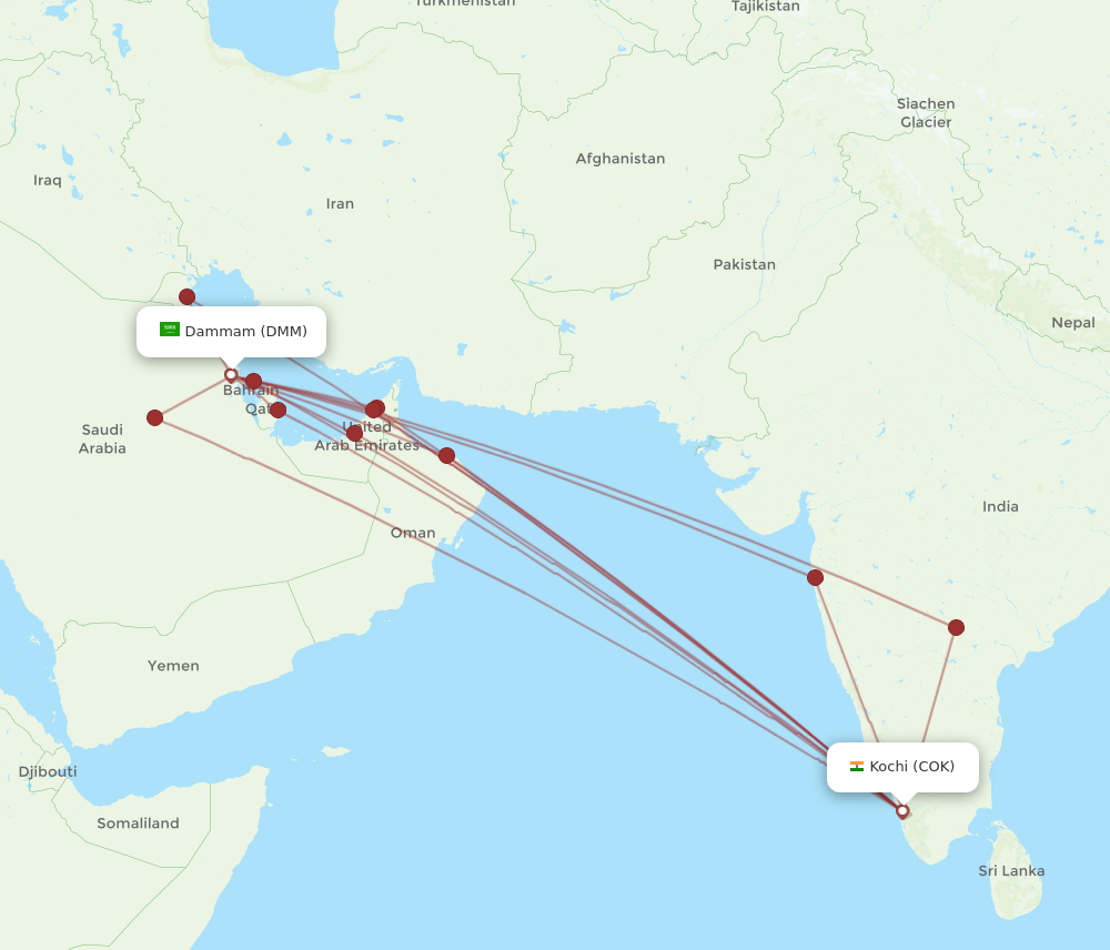 DMM to COK flights and routes map