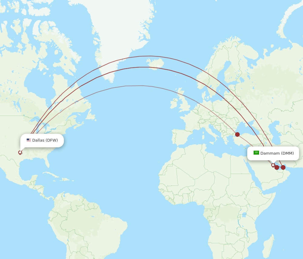 DMM to DFW flights and routes map