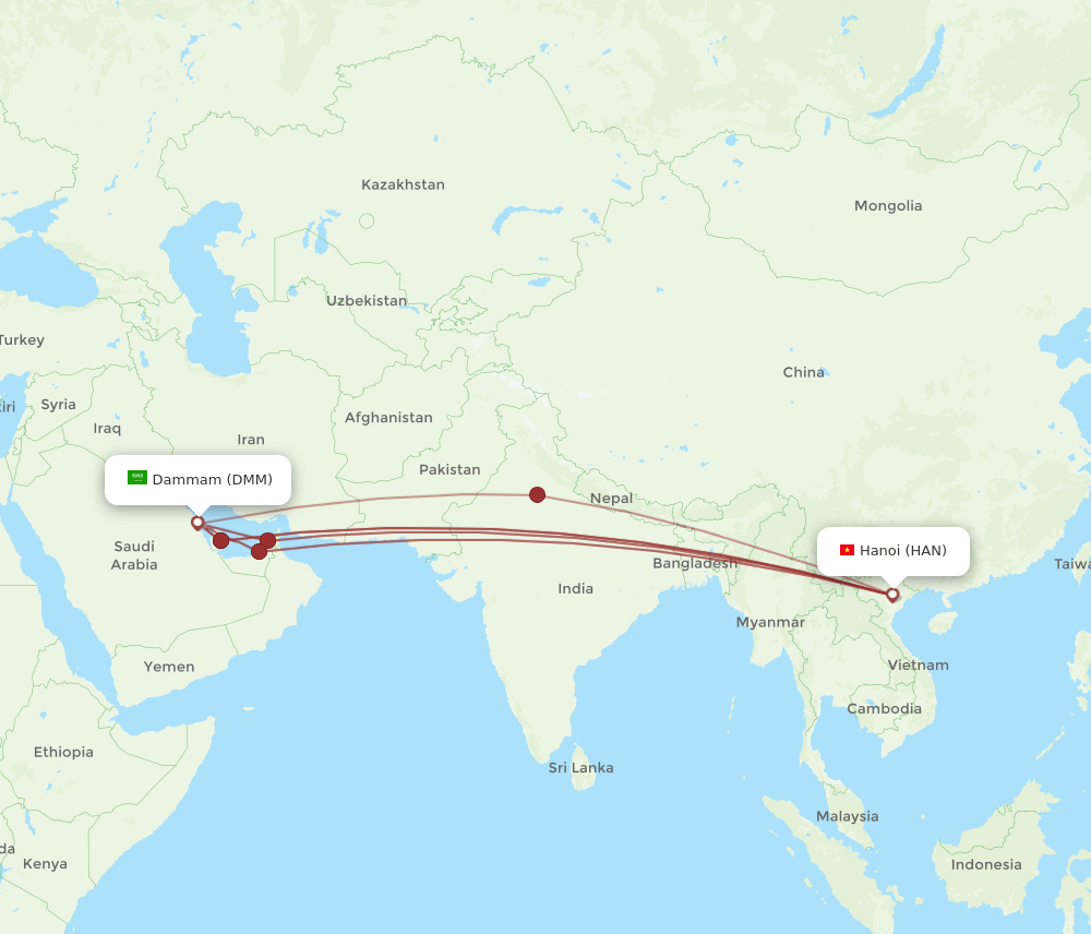 DMM to HAN flights and routes map
