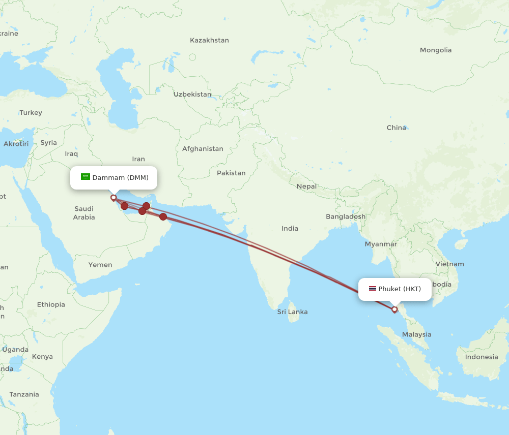 DMM to HKT flights and routes map
