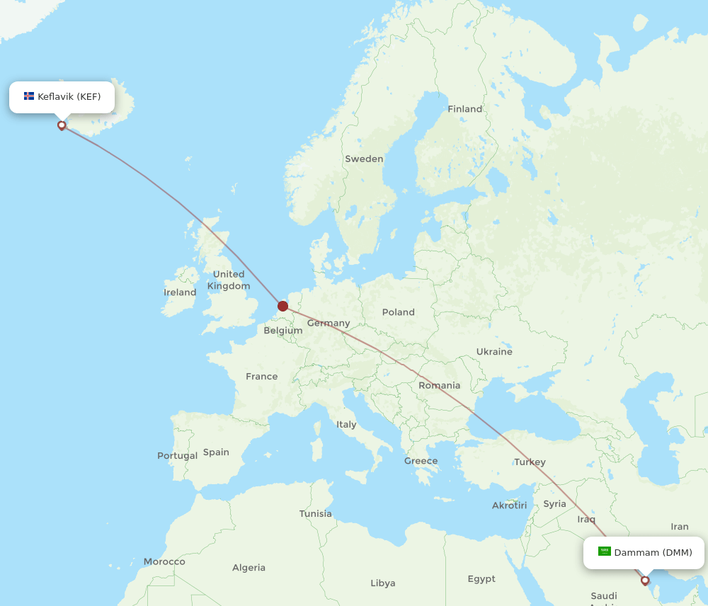 Reykjavik - Dammam route map and flight paths