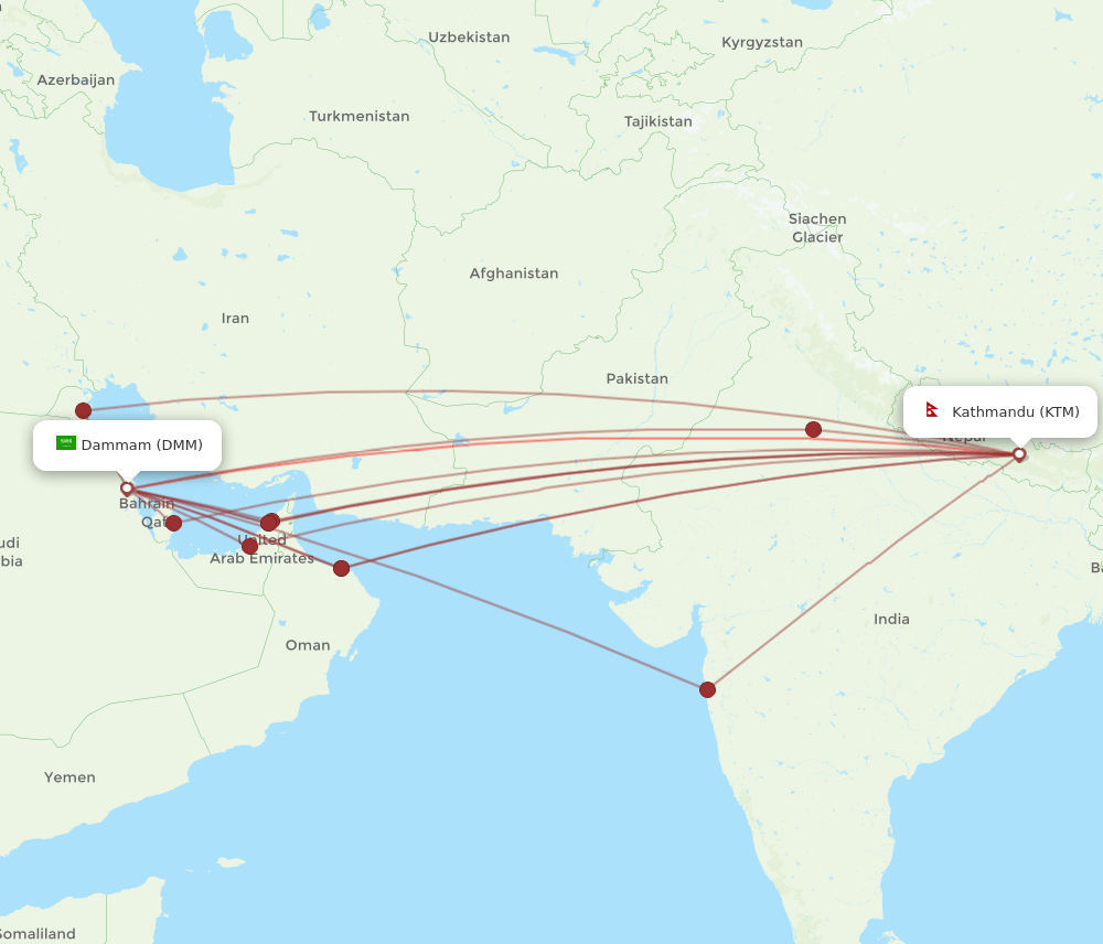 DMM-KTM flight routes