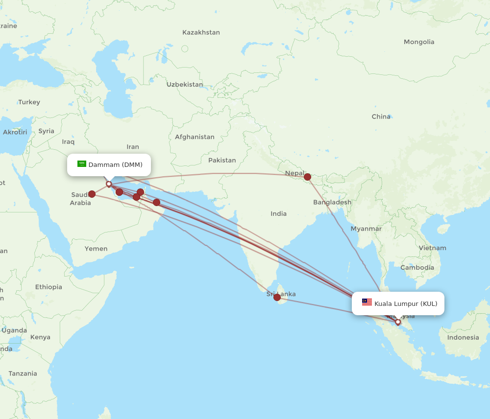 DMM to KUL flights and routes map