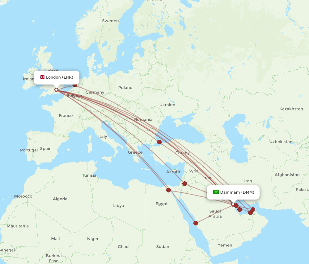 DMM-LHR flight routes