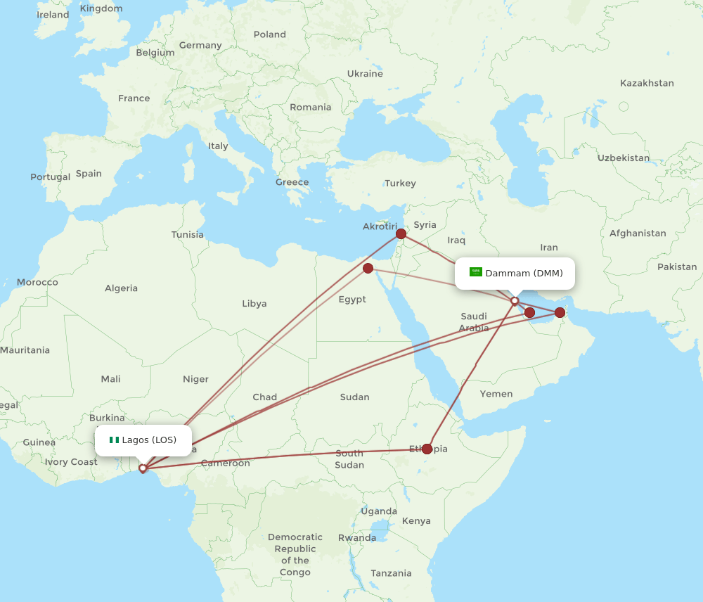 DMM to LOS flights and routes map