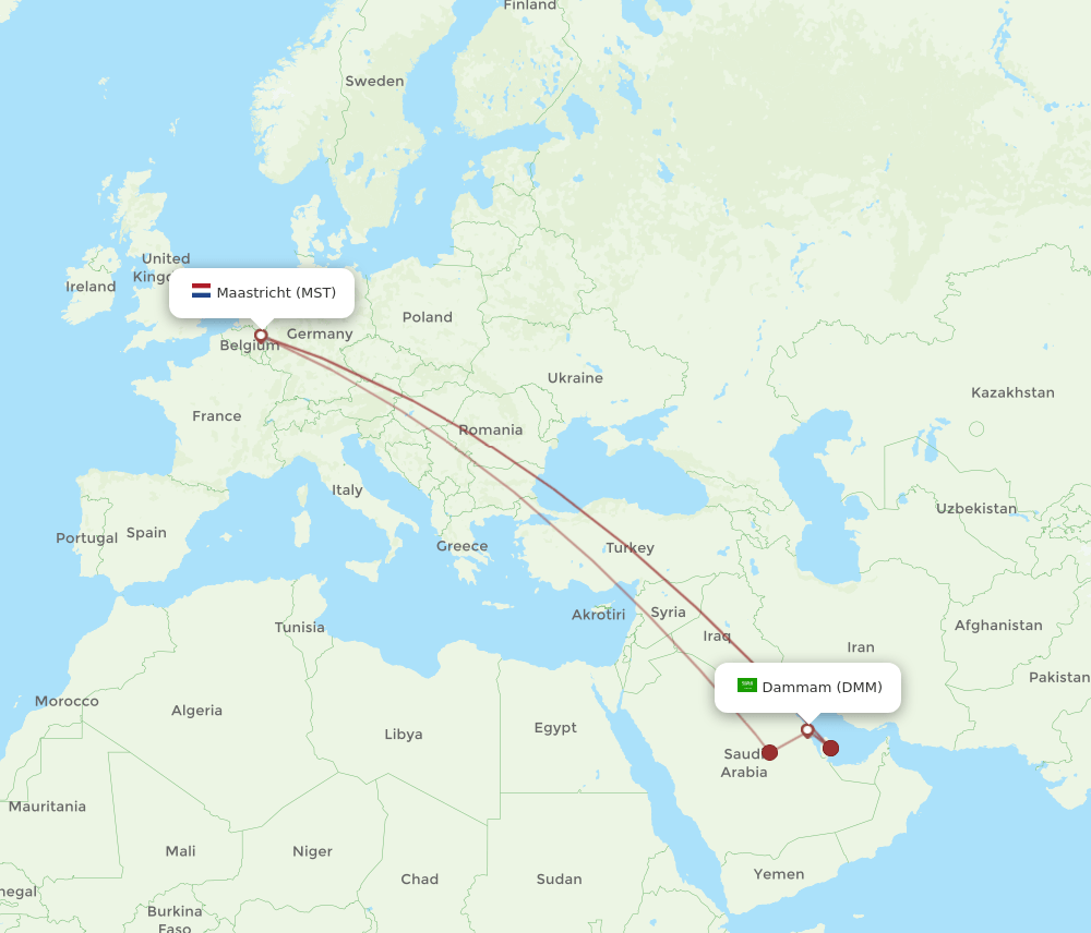 Dammam - Maastricht route map and flight paths