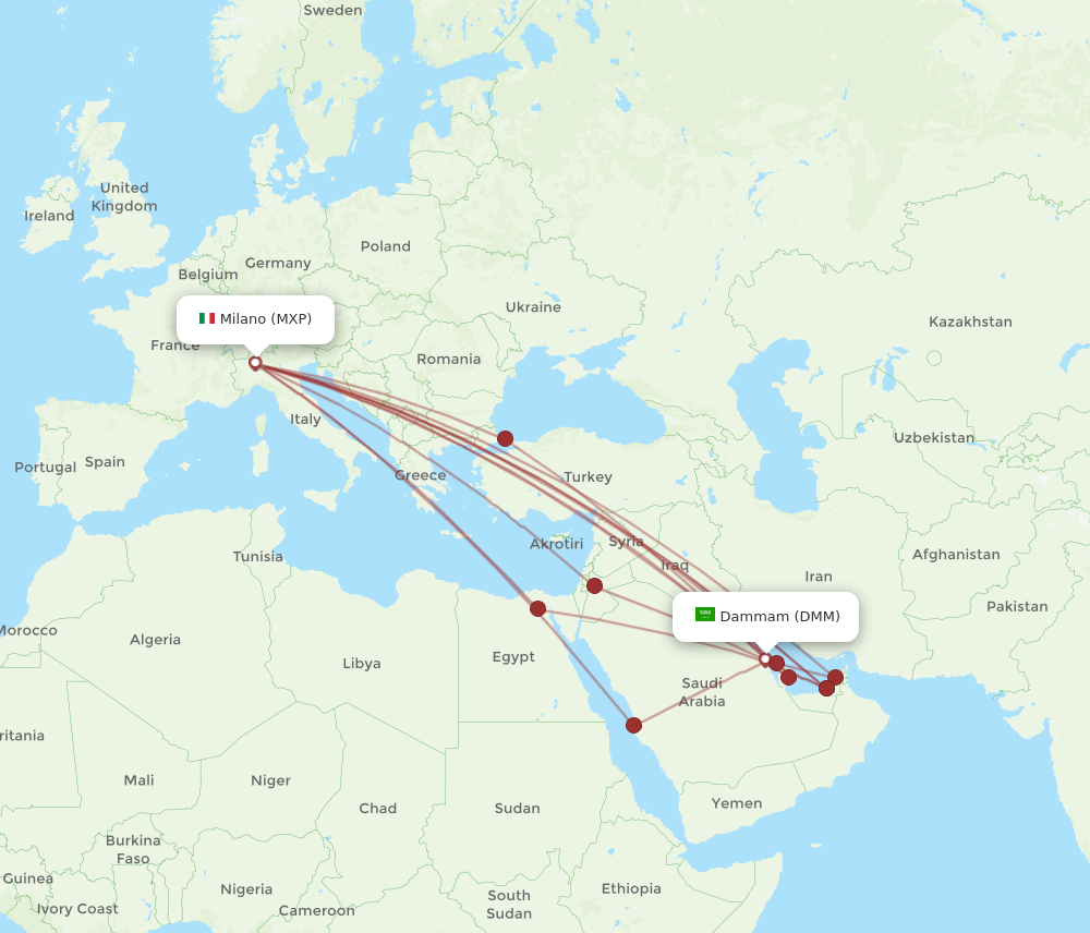 DMM to MXP flights and routes map