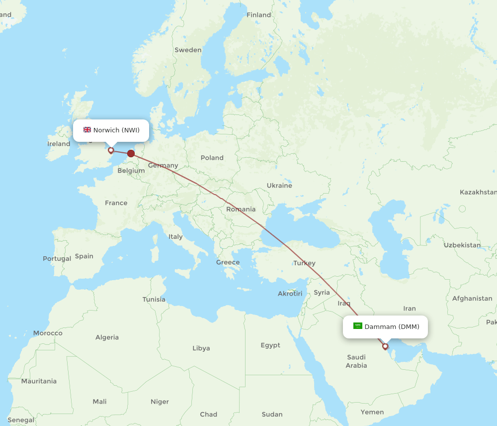 DMM to NWI flights and routes map