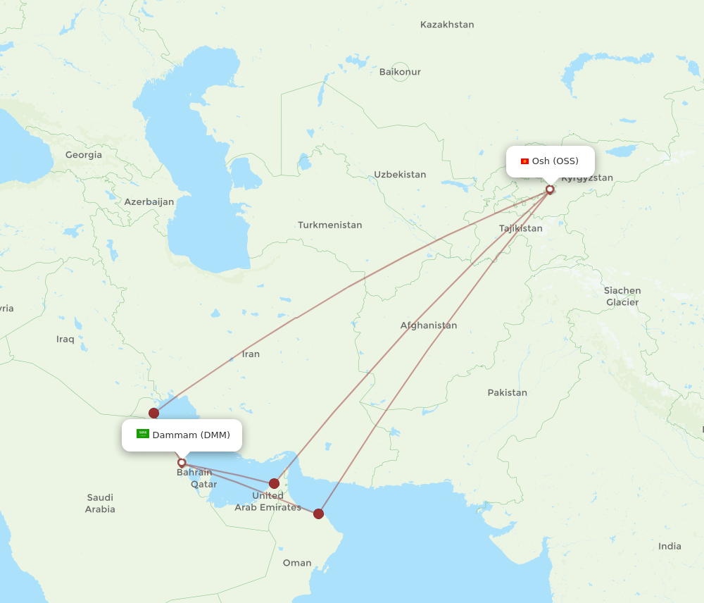 Dammam - Osh route map and flight paths