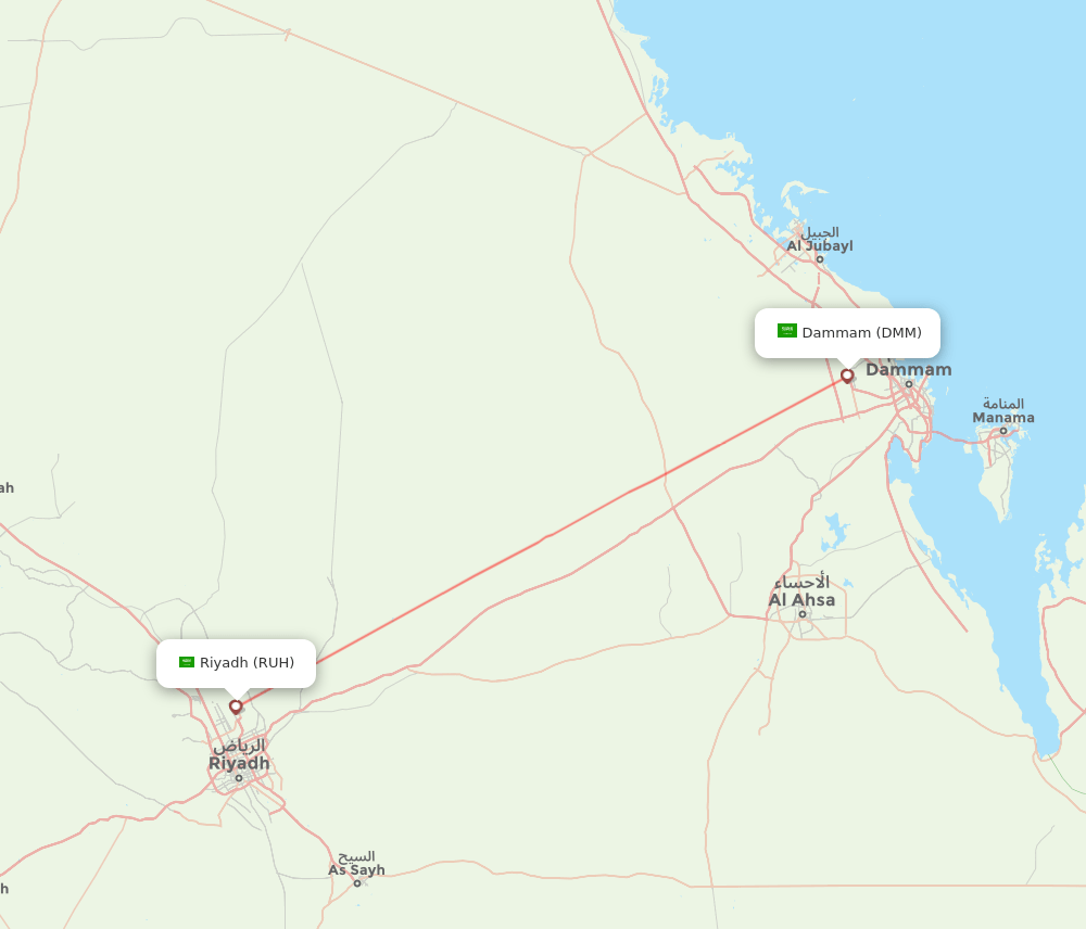Dammam - Riyadh route map and flight paths
