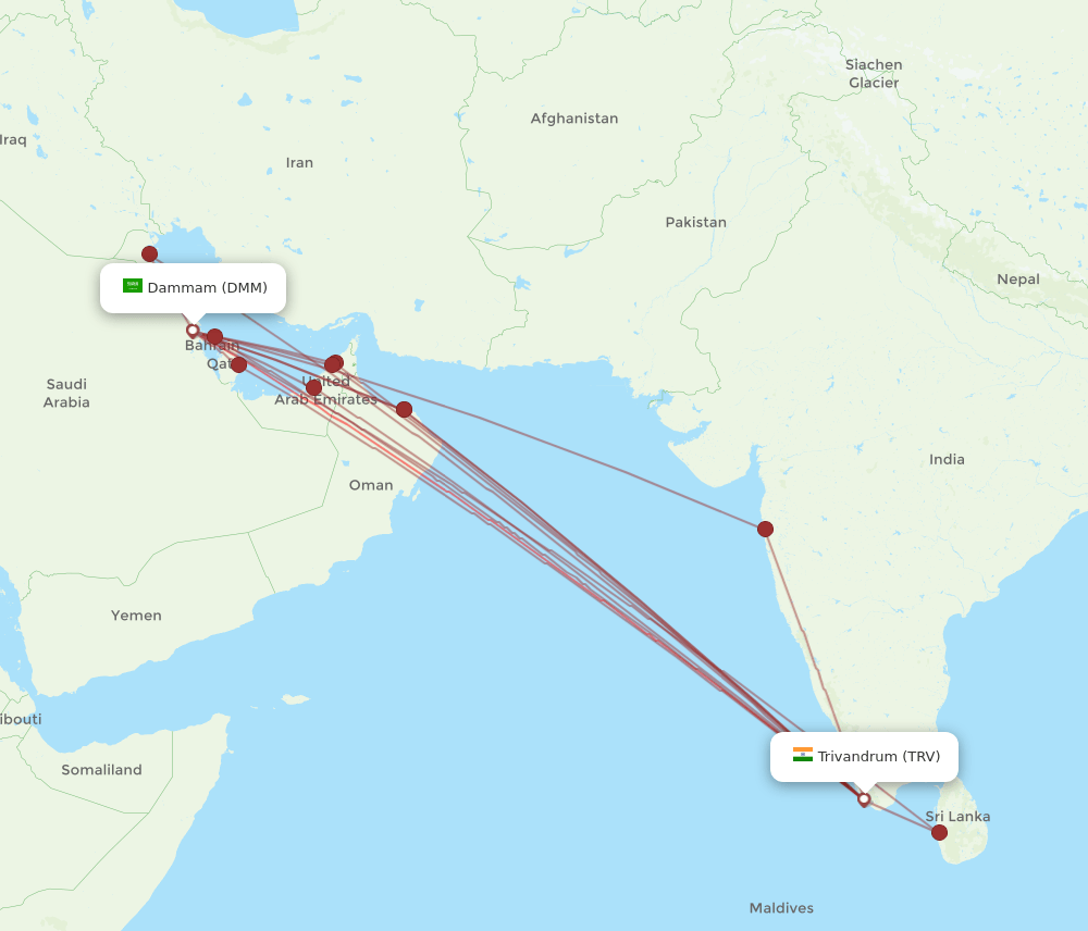 DMM to TRV flights and routes map