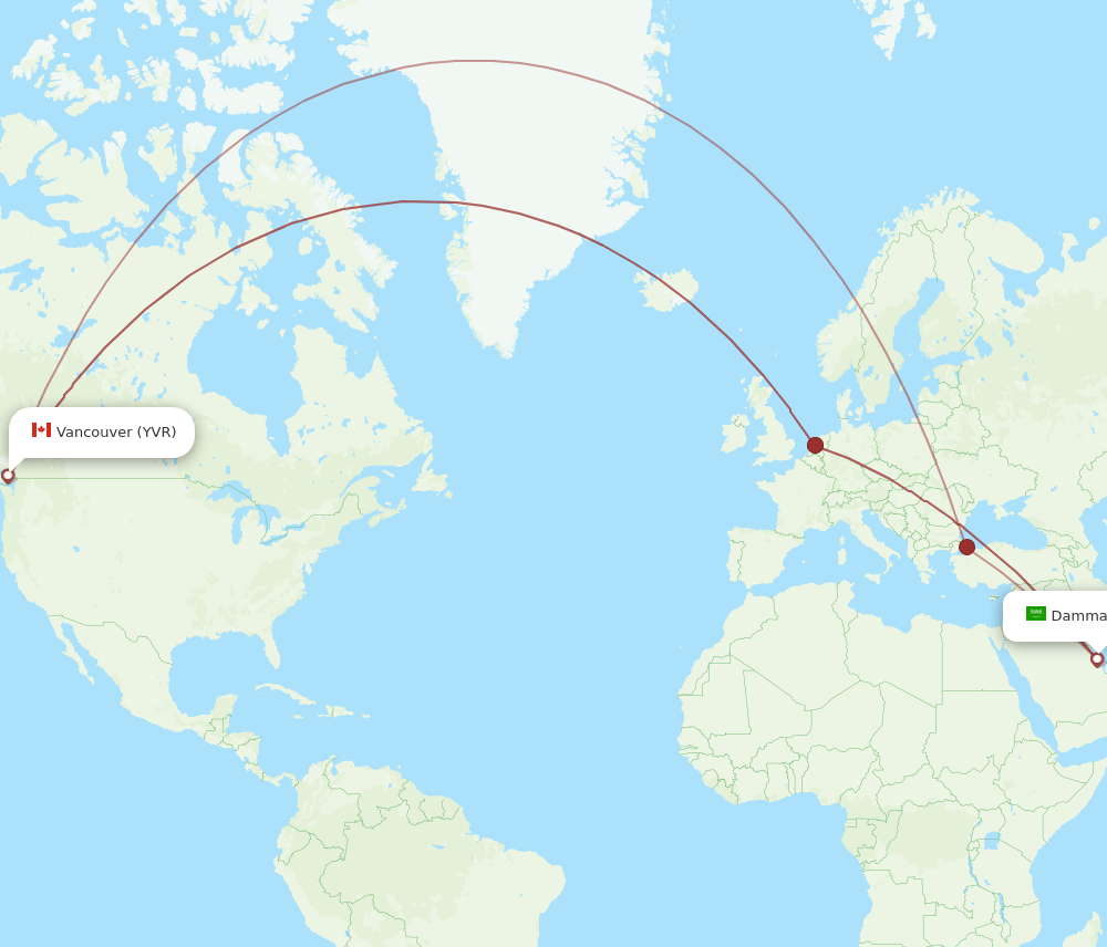 Vancouver - Dammam route map and flight paths
