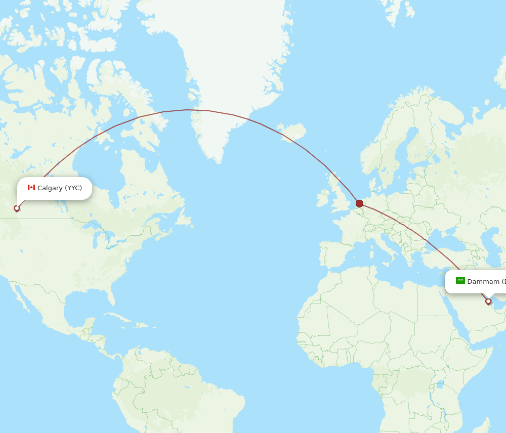 Calgary - Dammam route map and flight paths