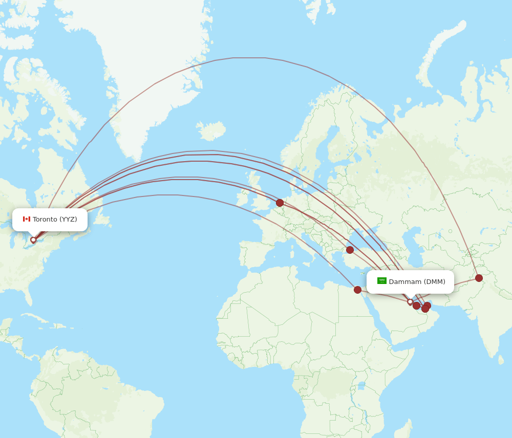 Toronto - Dammam route map and flight paths