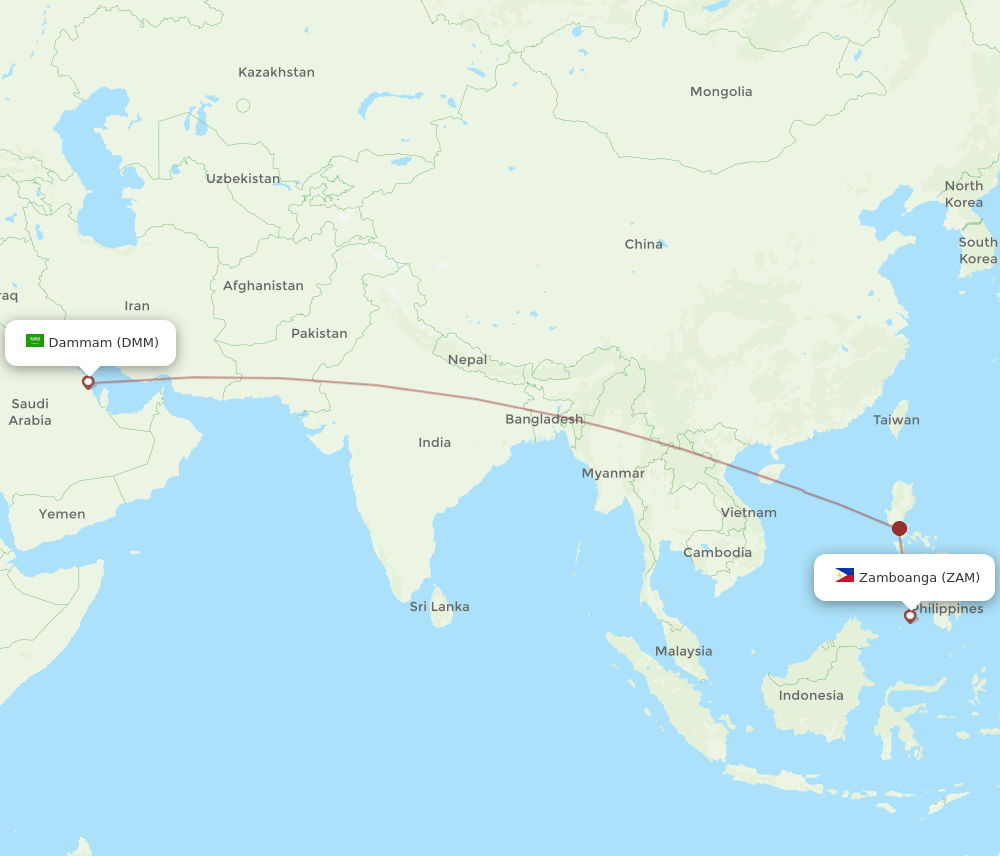 Dammam - Zamboanga route map and flight paths